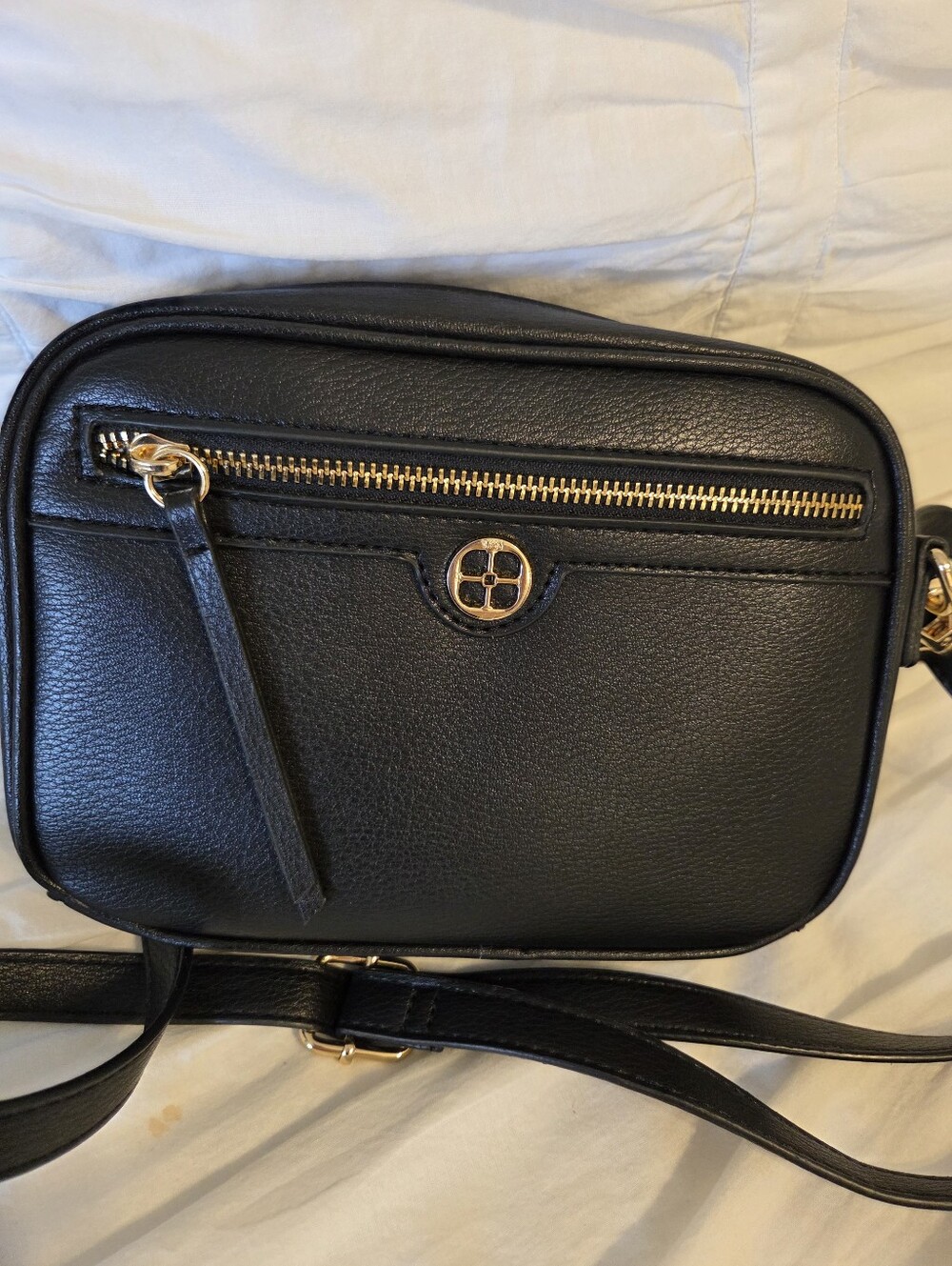 IMAN Black Leather Crossbody Wallet with Gold Hardware